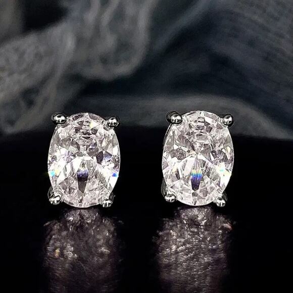 Sterling Silver Oval Cubic Zircon Stud Earrings, Wedding, Bridal, Anniversary - Picture 2 of 5